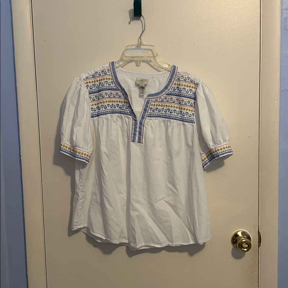 St. John's Bay PXL Embroidered Sleeve and Collar White Short Sleeve Blouse
